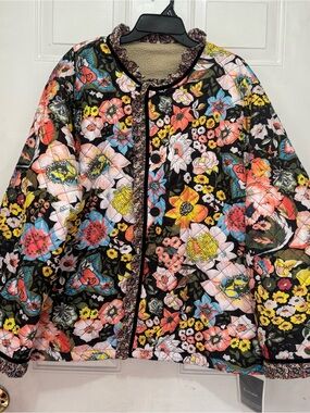 Evafreedom Boho Vibrant Floral Quilted Jacket Fleece Lined Ruffle Trim XXL NEW